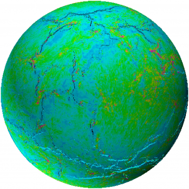 Figure 1. A snapshot of a model from the new work, showing the late stages of growth and coalescence of a new global fracture network. Fractures are in black / shadow, and colors show stresses (pink color denotes tensile stress, blue color denotes compressive stress). 